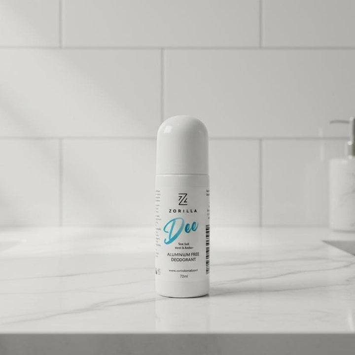 Zorilla Deo roll-on deodorant on a bathroom counter with tiled wall background