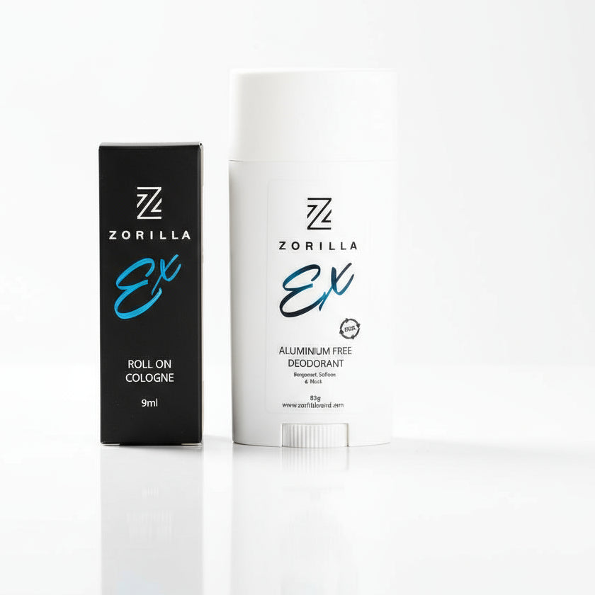 Zorilla cologne and deodorant on a neutral background