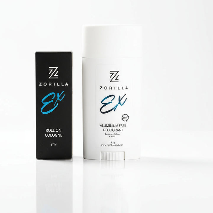 Zorilla cologne and deodorant on a neutral background