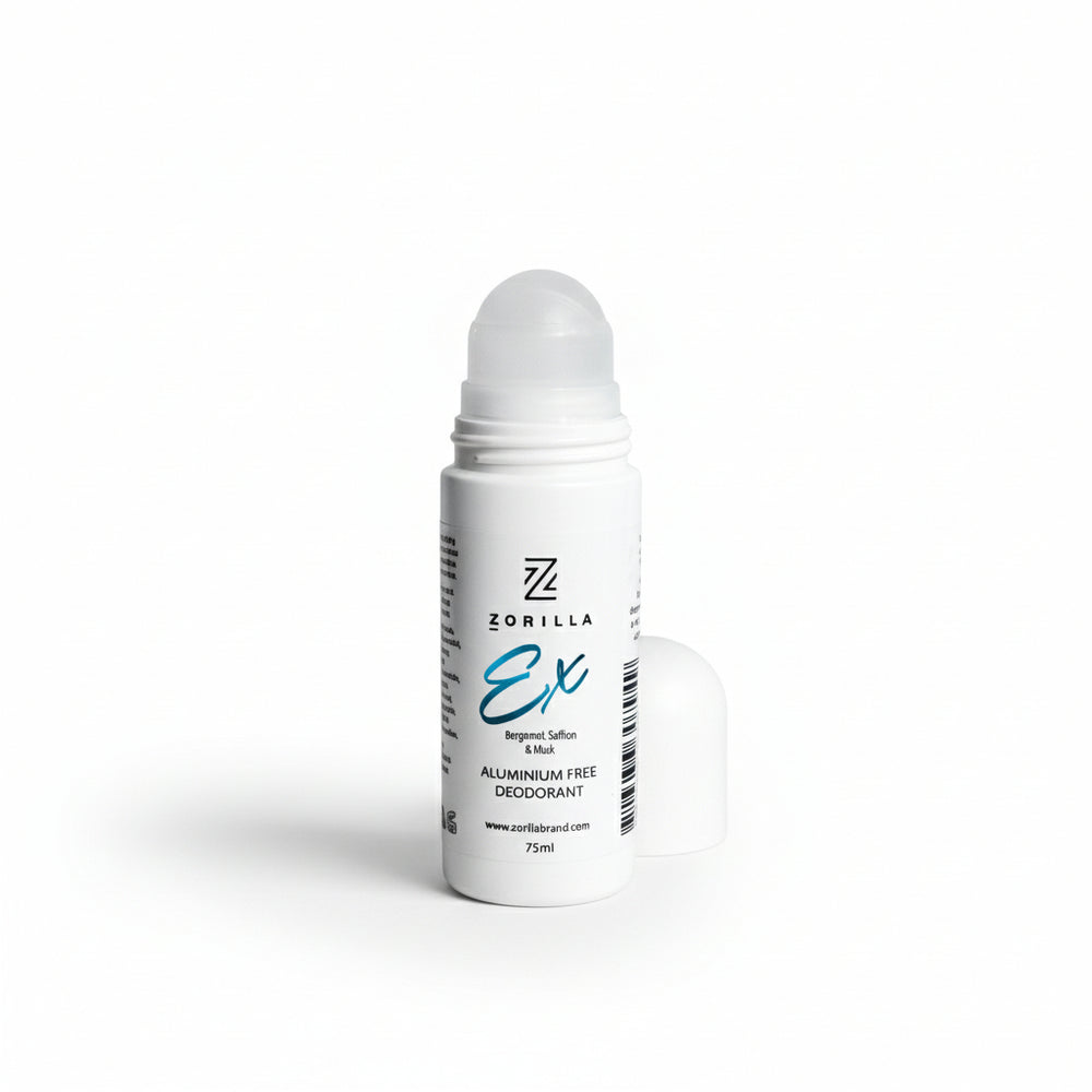 White roll-on deodorant bottle with 'Zorilla' branding on a gray background