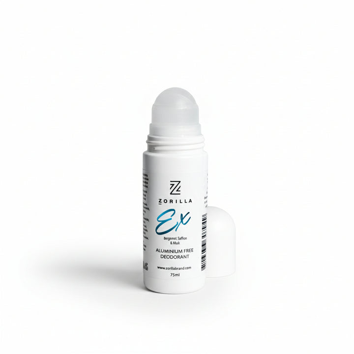 White roll-on deodorant bottle with 'Zorilla' branding on a gray background