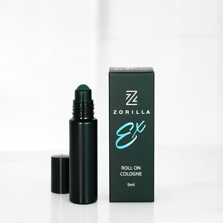 Zorilla Ex roll-on cologne with packaging on a white background