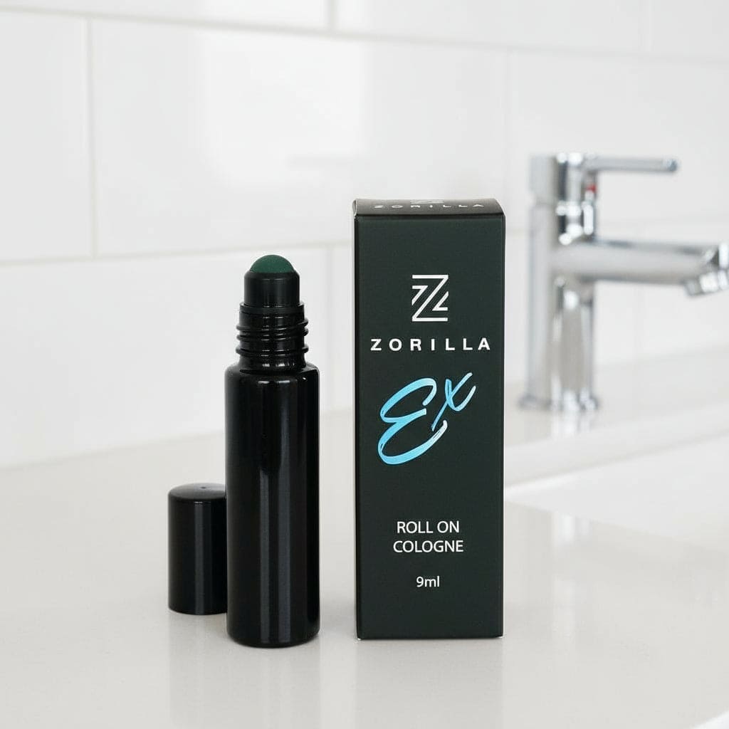Zorilla roll-on cologne with packaging on a neutral background