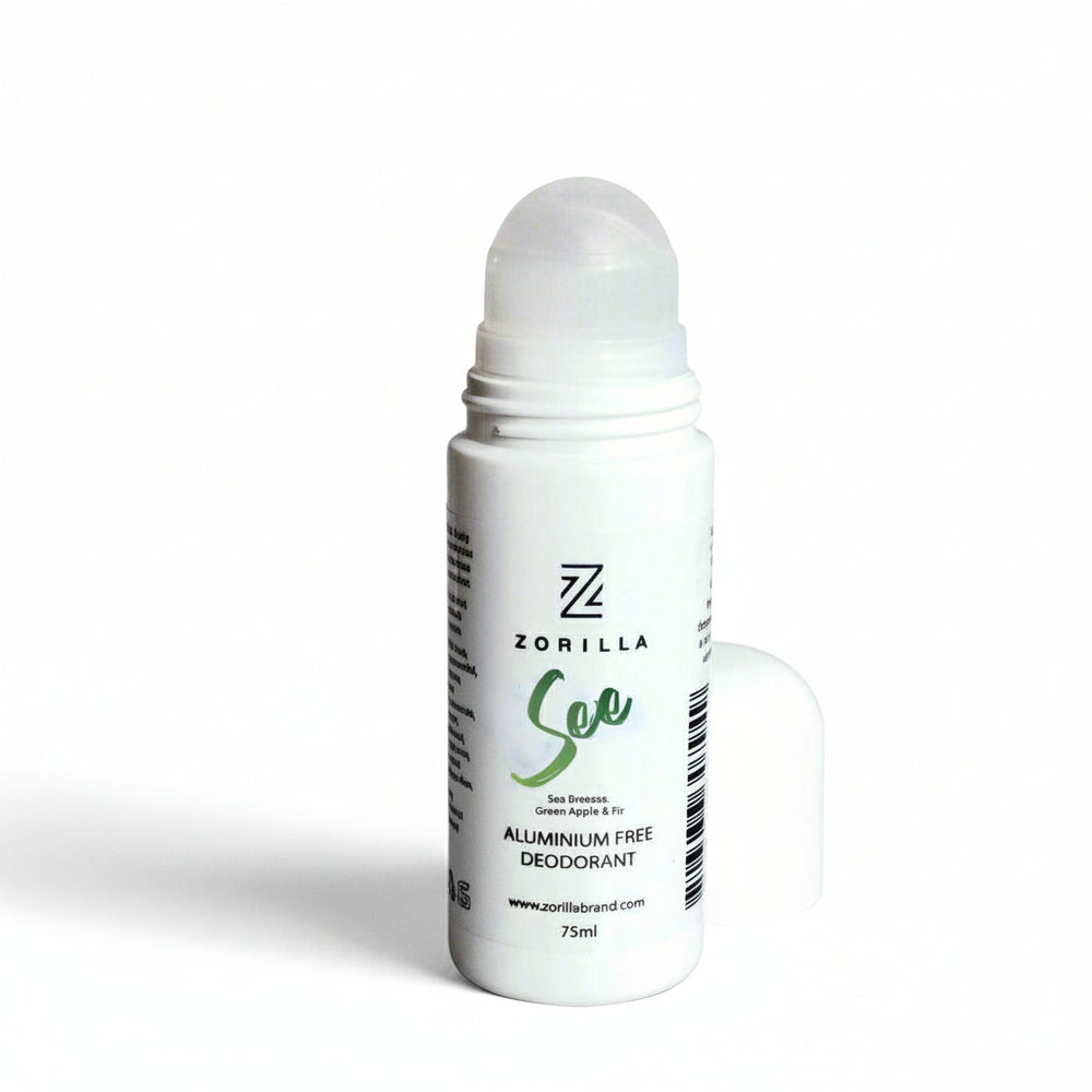 A roll-on aluminium free deodorant bottle with the label 'Zorilla See' on a textured grey background.