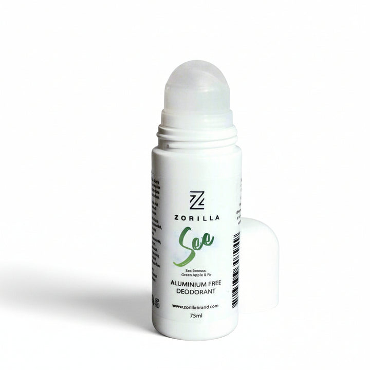 A roll-on aluminium free deodorant bottle with the label 'Zorilla See' on a textured grey background.