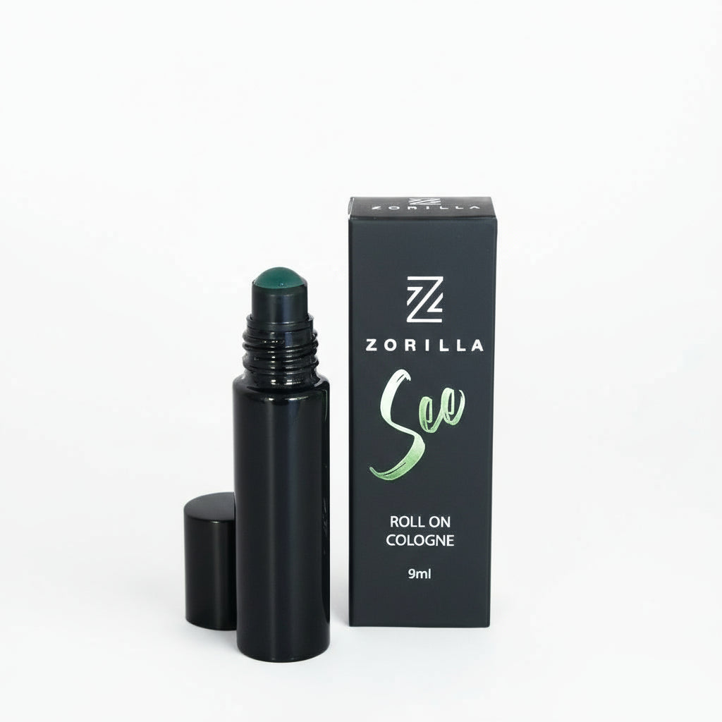 Zorilla roll-on cologne bottle and packaging on a neutral background