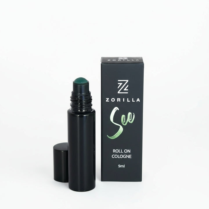 Zorilla roll-on cologne bottle and packaging on a neutral background