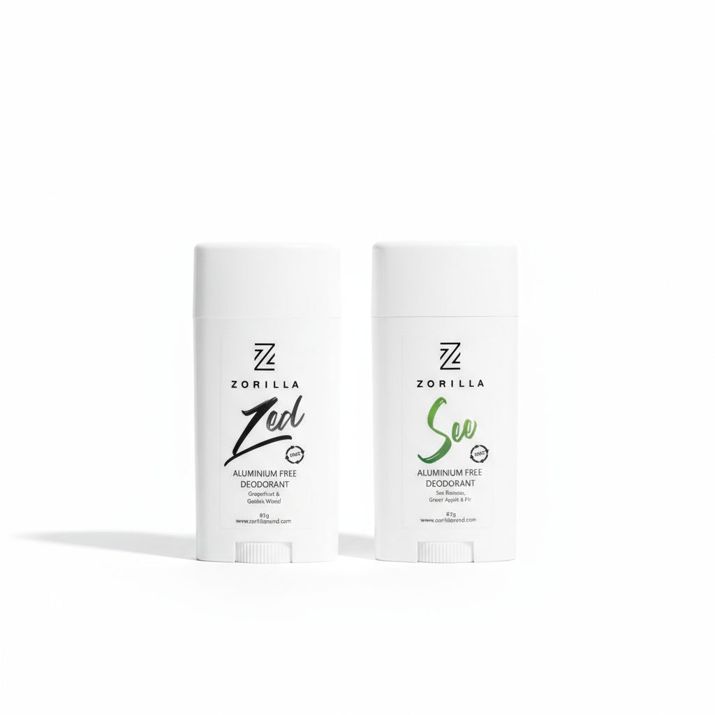 Two stick deodorants, one labeled 'Zed' and the other 'See', both with green and black text on white background, placed side by side.