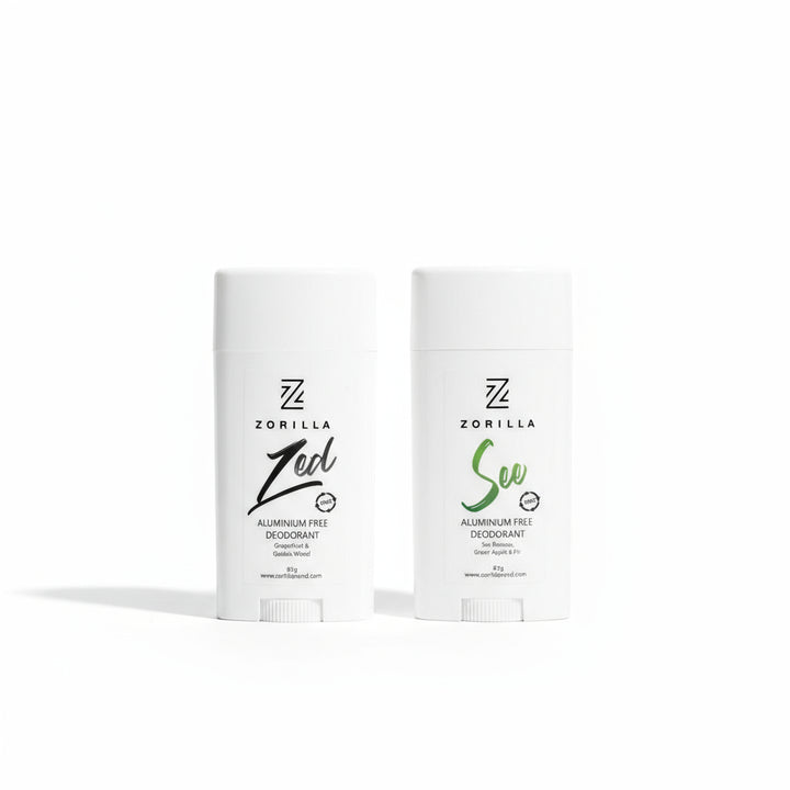 Two stick deodorants, one labeled 'Zed' and the other 'See', both with green and black text on white background, placed side by side.