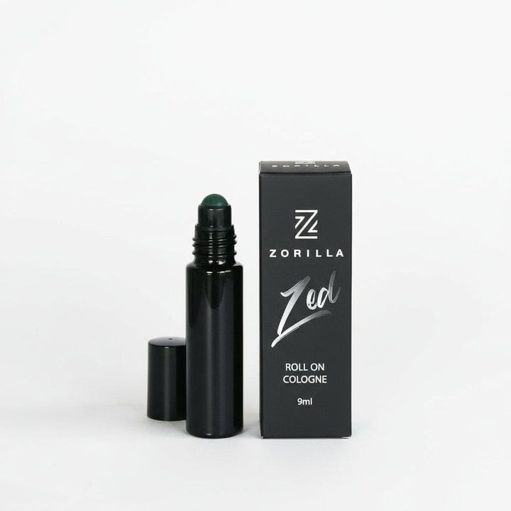 Zorilla Zed roll-on cologne with packaging on a neutral background