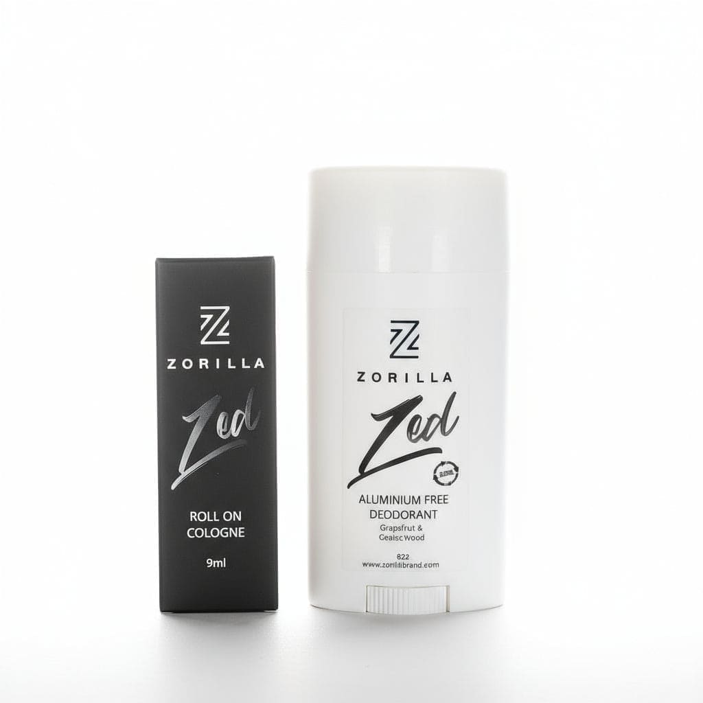 Zorilla Zed roll-on cologne and deodorant on a neutral background