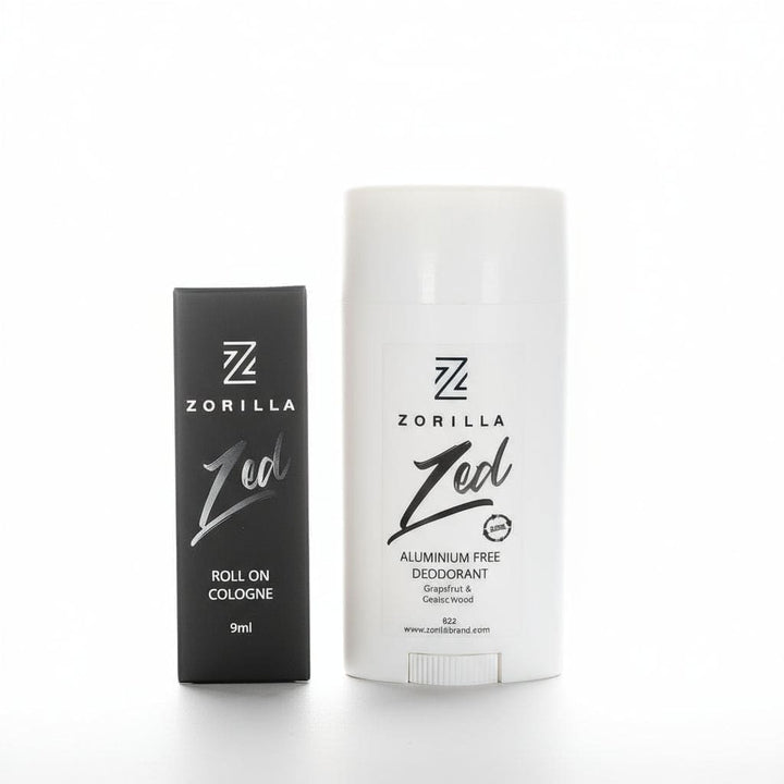 Zorilla Zed roll-on cologne and deodorant on a neutral background