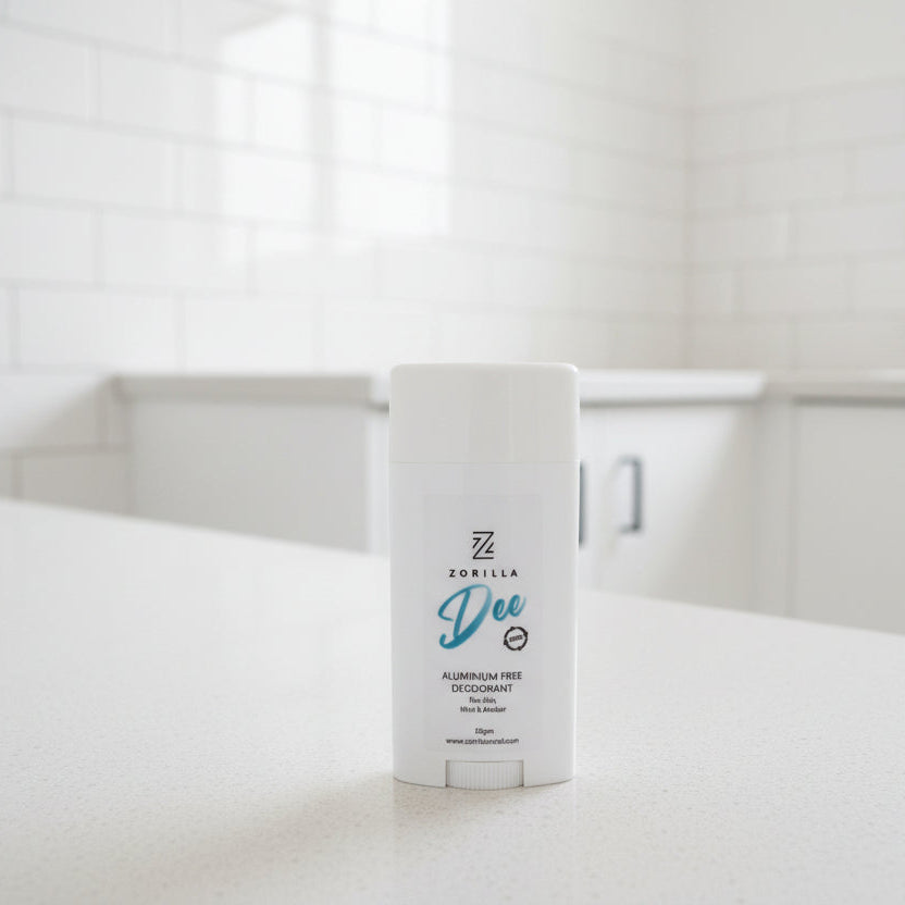Zorilla Deo deodorant stick on a kitchen counter with various items in the background