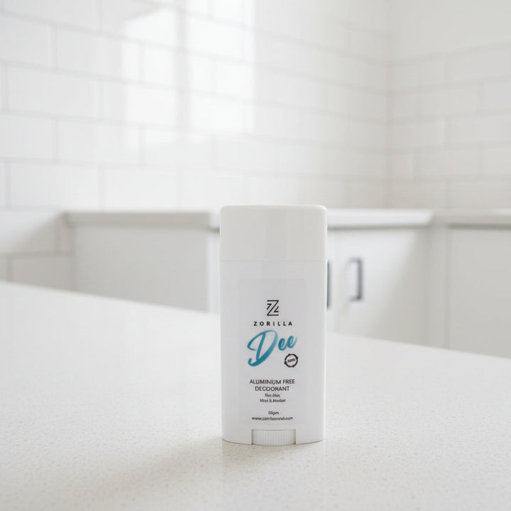 Zorilla Deo deodorant stick on a kitchen counter with various items in the background