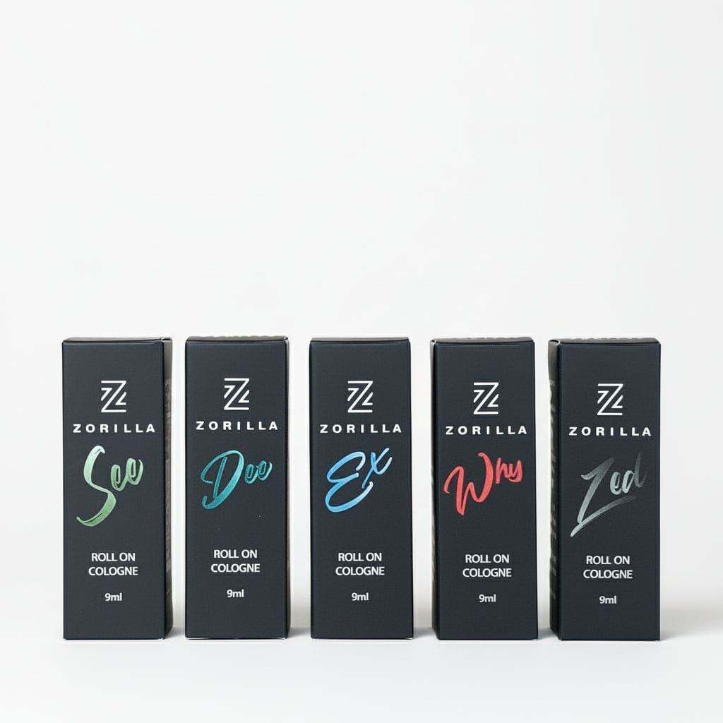 Five Zorilla cologne boxes arranged in a row on a gray surface.