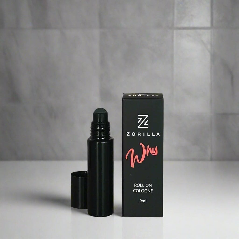 Zorilla roll-on cologne with packaging on a reflective surface and gray background