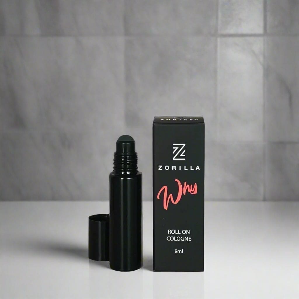 Zorilla roll-on cologne with packaging on a reflective surface and gray background