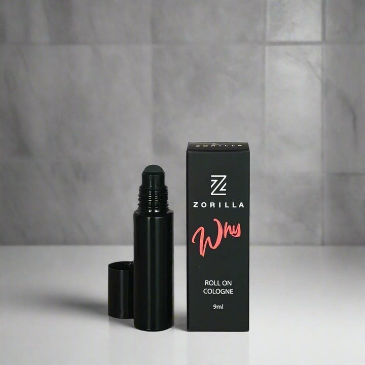 Zorilla roll-on cologne with packaging on a reflective surface and gray background