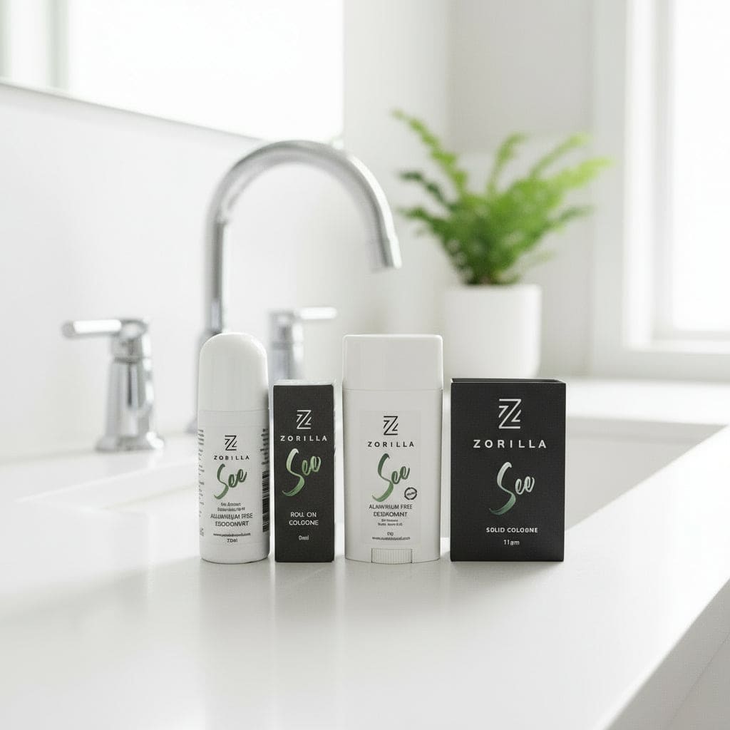 Zorilla See cologne products including bottles and solid cologne on a neutral background